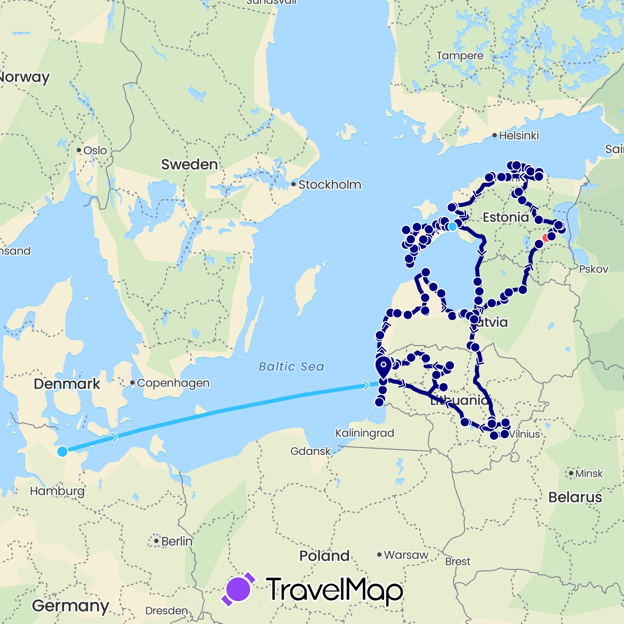 TravelMap itinerary: driving, hiking, boat in Germany, Estonia, Lithuania, Latvia (Europe)