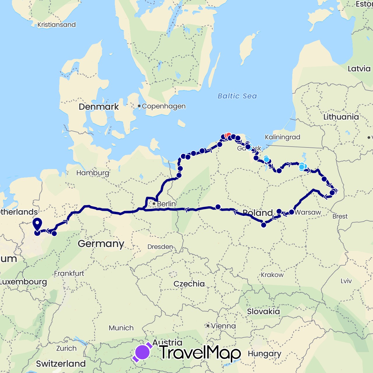 TravelMap itinerary: driving, hiking, boat in Germany, Poland (Europe)