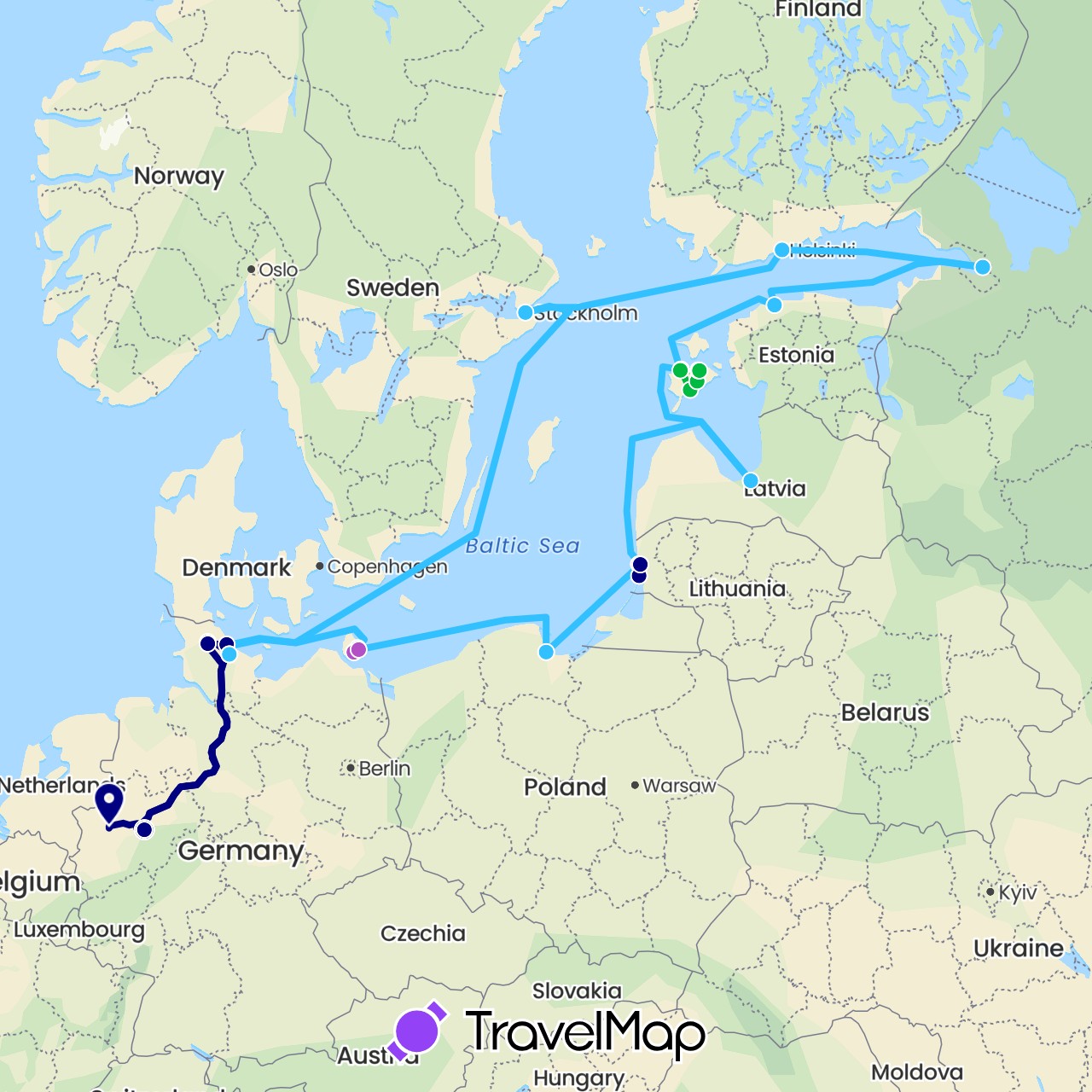 TravelMap itinerary: driving, bus, train, boat in Germany, Estonia, Finland, Lithuania, Latvia, Poland, Russia, Sweden (Europe)