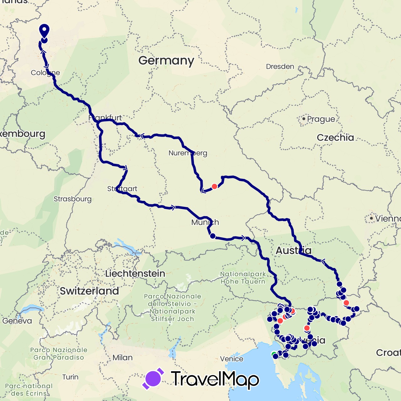 TravelMap itinerary: driving, bus, train, hiking, boat, electric vehicle, funicular, seilbahn in Austria, Germany, Slovenia (Europe)