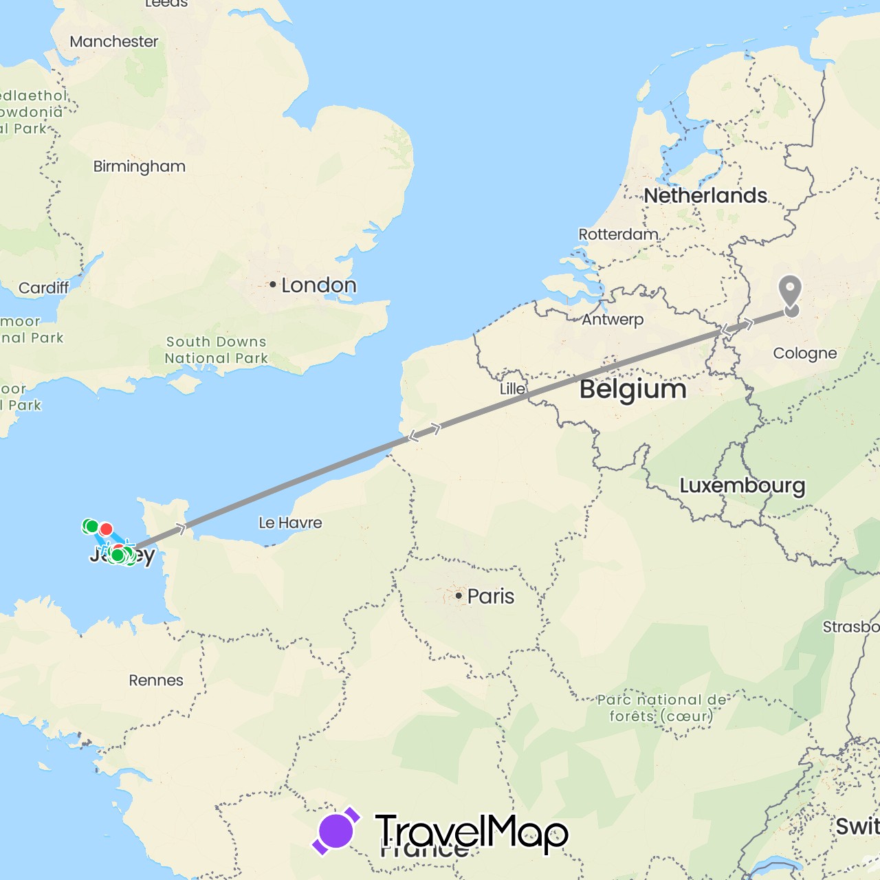 TravelMap itinerary: driving, bus, plane, hiking, boat, kutsche in Germany, Guernsey, Jersey (Europe)