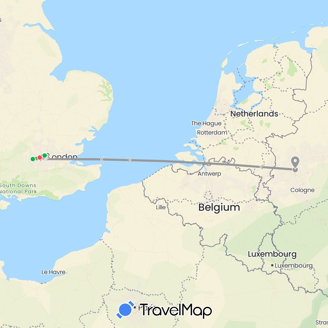 TravelMap itinerary: driving, bus, plane, hiking, boat in Germany, United Kingdom (Europe)