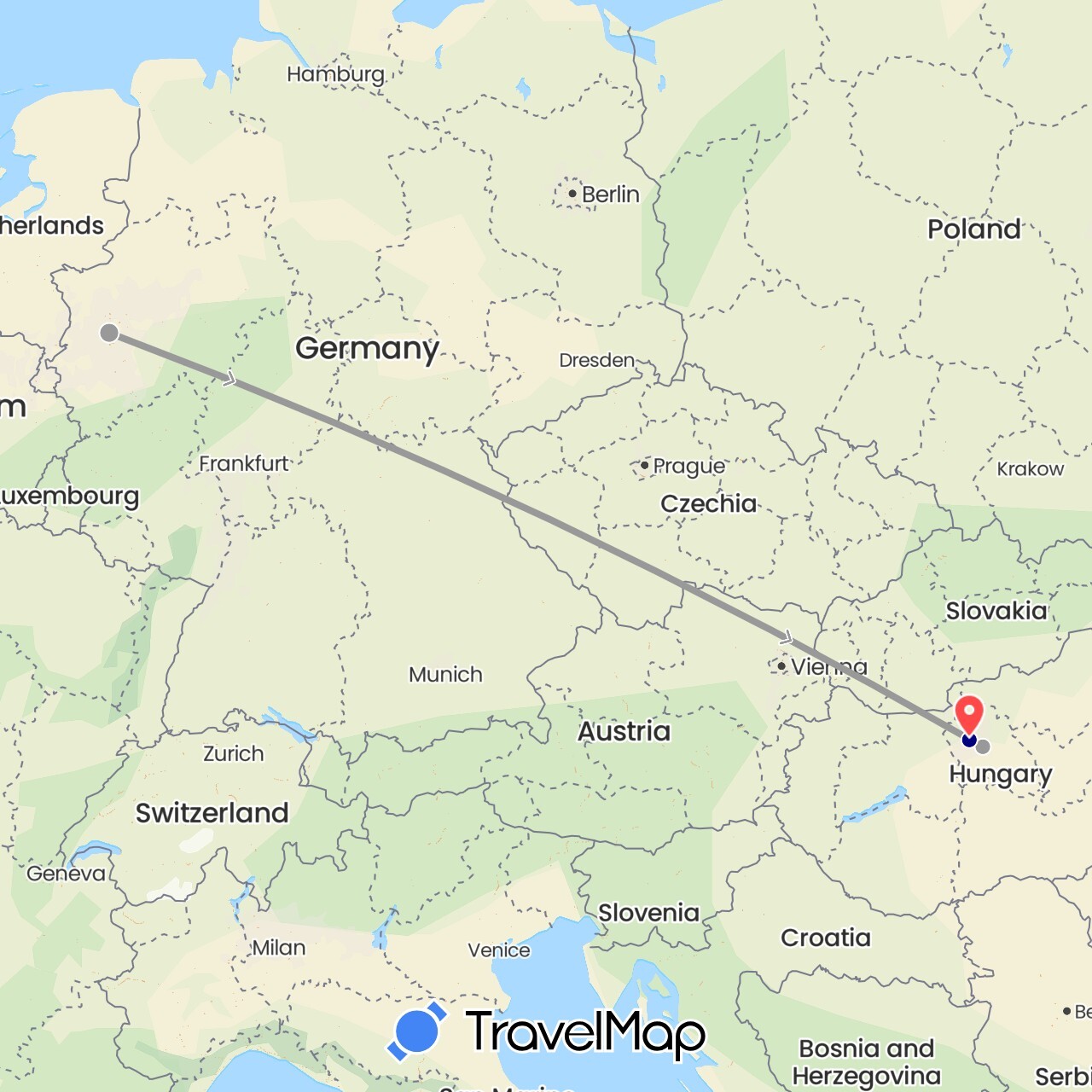 TravelMap itinerary: driving, plane, hiking in Germany, Hungary (Europe)