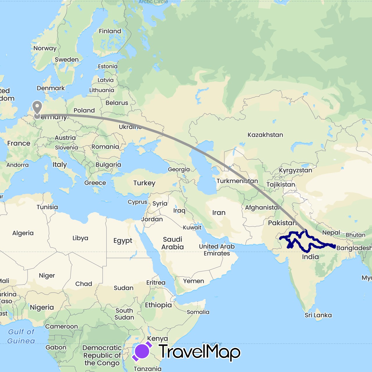 TravelMap itinerary: driving, plane, hiking, boat in Germany, India (Asia, Europe)