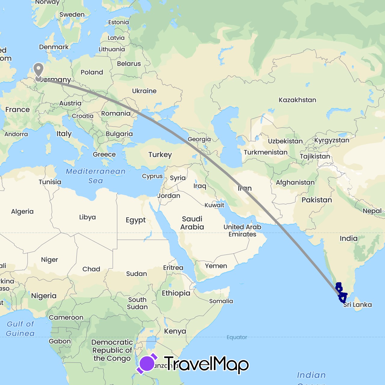 TravelMap itinerary: driving, plane, hiking, motorbike in Germany, India (Asia, Europe)