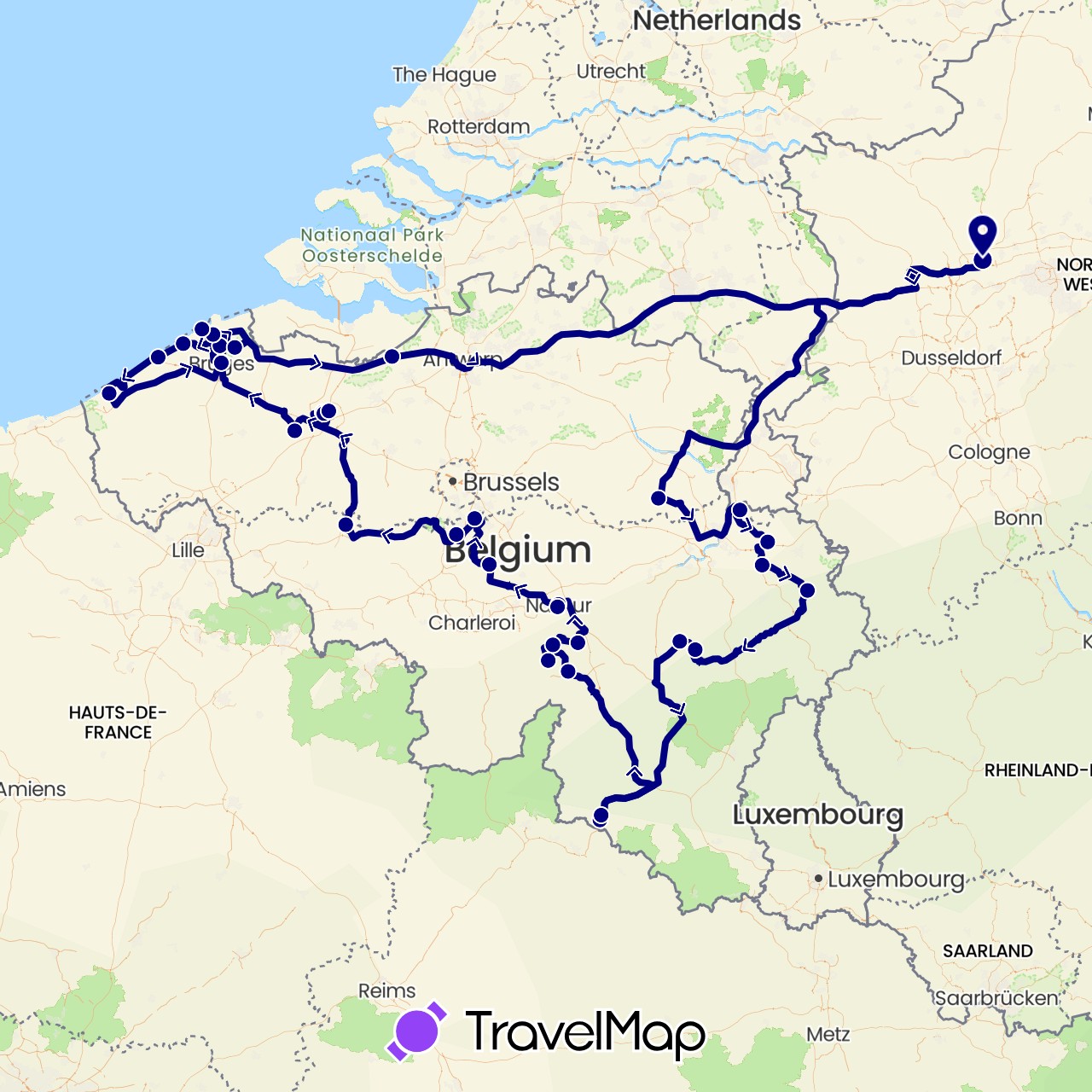 TravelMap itinerary: driving in Belgium, Germany (Europe)