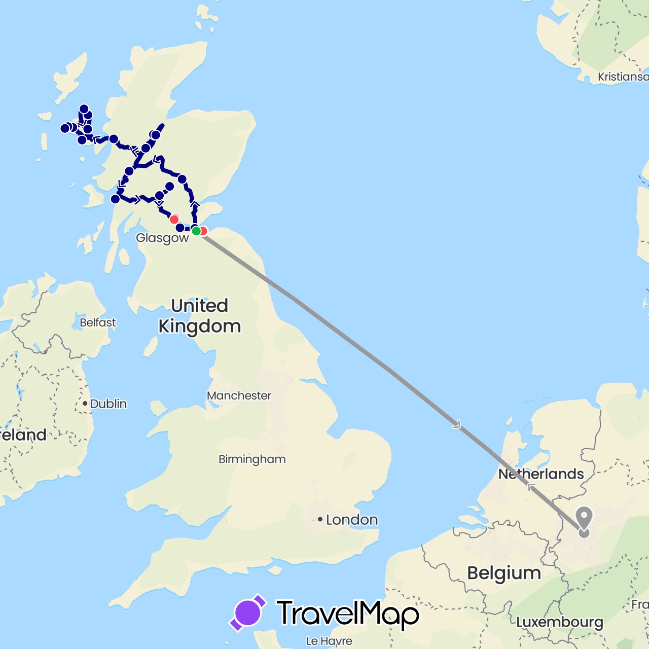 TravelMap itinerary: driving, bus, plane, hiking in Germany, United Kingdom (Europe)