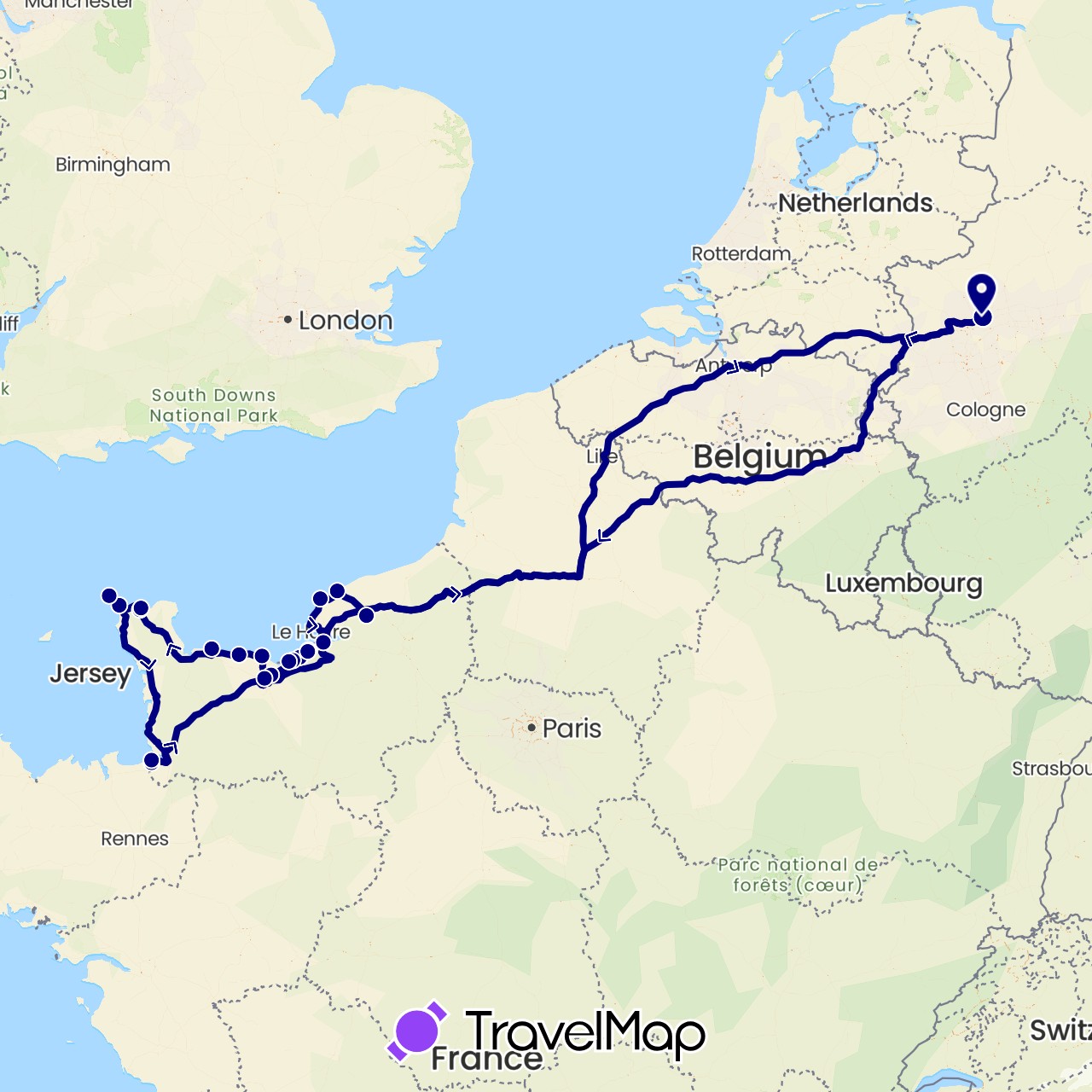 TravelMap itinerary: driving in Germany, France (Europe)