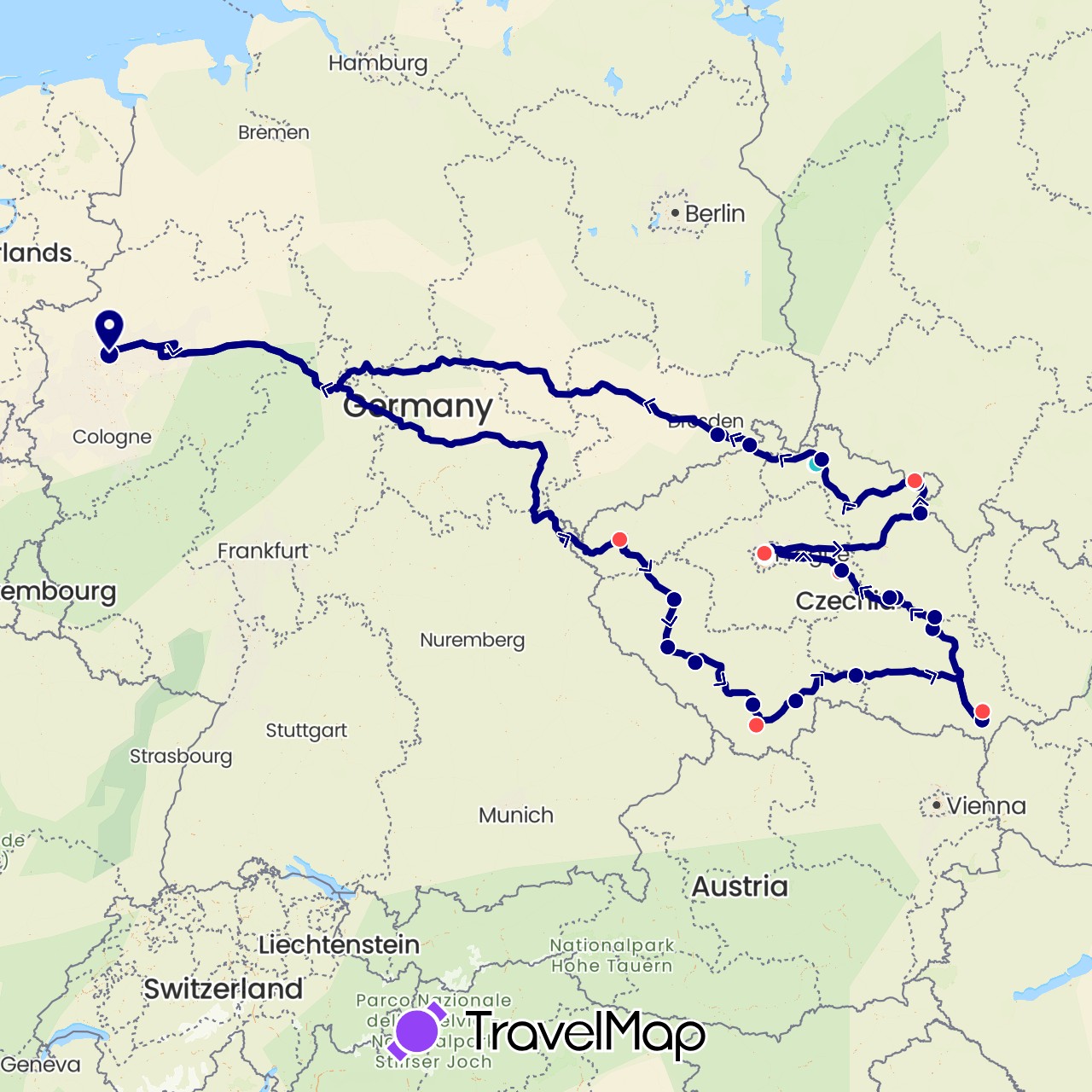 TravelMap itinerary: driving, hiking, boat, seilbahn in Czech Republic, Germany (Europe)