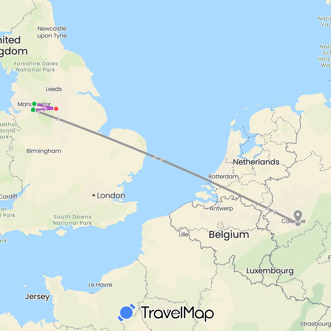 TravelMap itinerary: driving, bus, plane, train, hiking in Germany, United Kingdom (Europe)