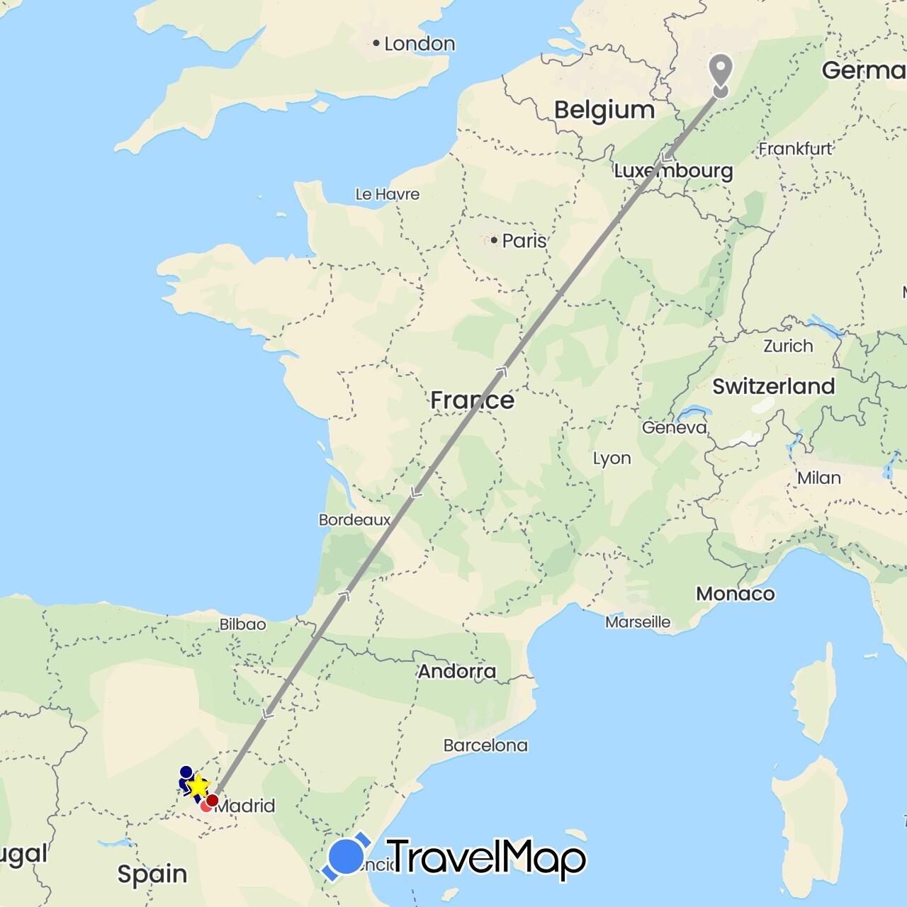 TravelMap itinerary: driving, plane, hiking, metro in Germany, Spain (Europe)