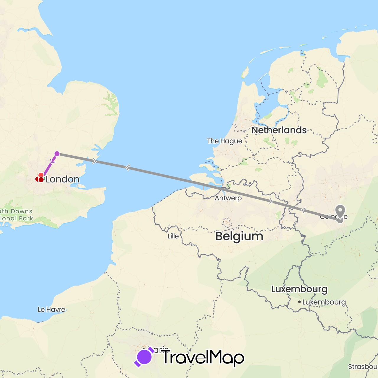 TravelMap itinerary: driving, bus, plane, train, hiking, metro in Germany, United Kingdom (Europe)
