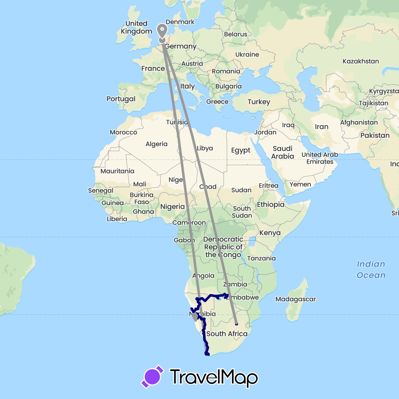 TravelMap itinerary: driving, bus, plane, hiking, boat in Botswana, Namibia, Netherlands, South Africa, Zambia, Zimbabwe (Africa, Europe)