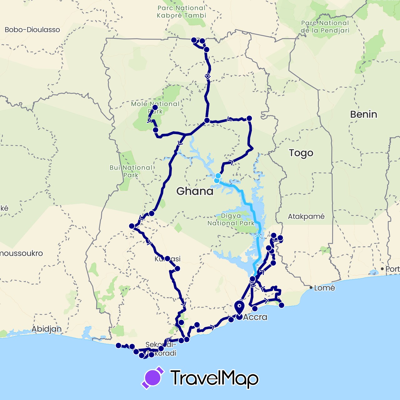TravelMap itinerary: driving, boat in Ghana (Africa)