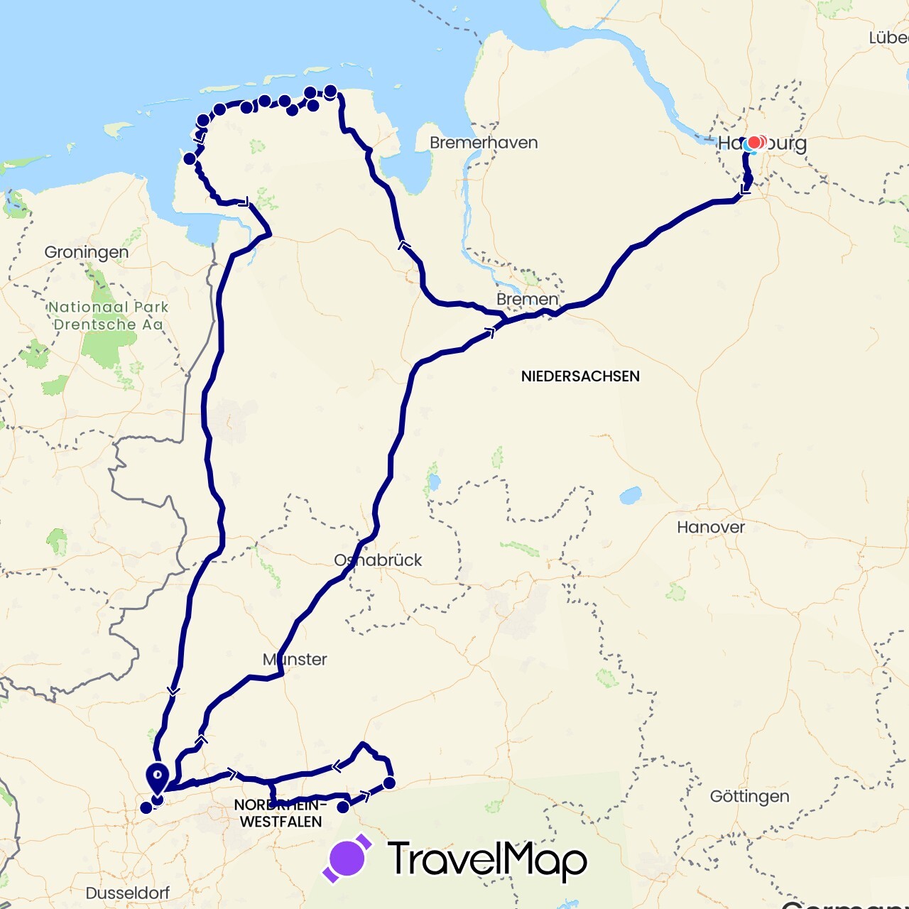 TravelMap itinerary: driving, hiking, boat in Germany (Europe)