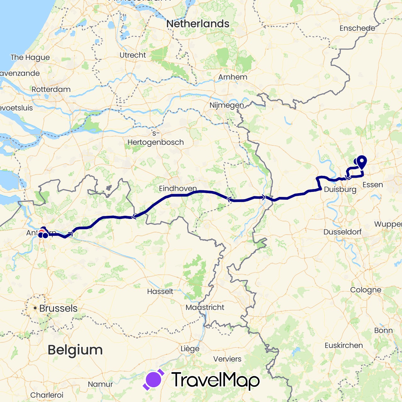 TravelMap itinerary: driving, hiking in Belgium, Germany (Europe)