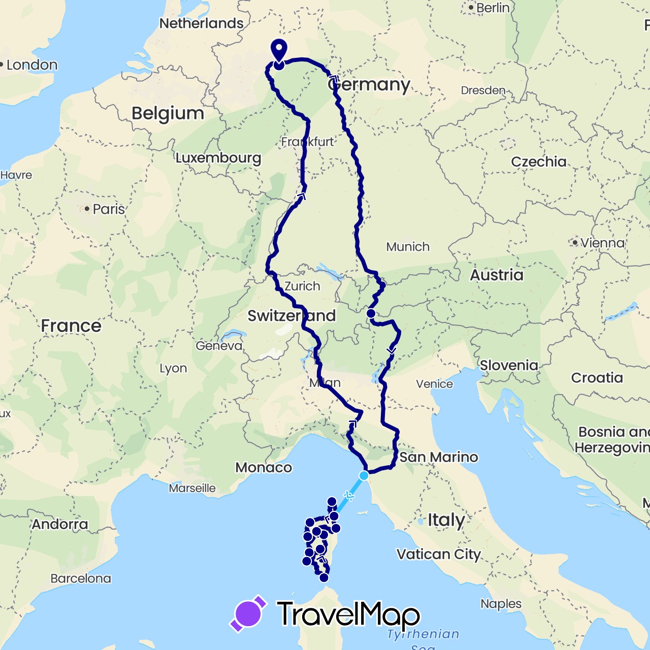 TravelMap itinerary: driving, boat in Germany, France, Italy (Europe)
