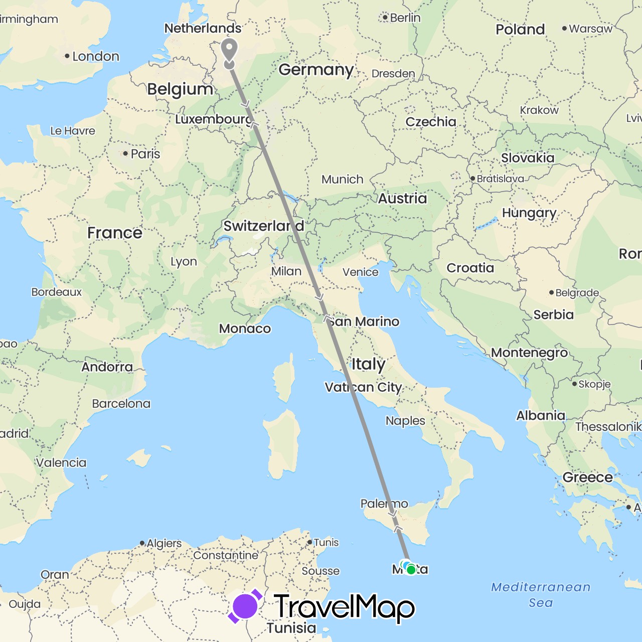 TravelMap itinerary: driving, bus, plane, hiking, boat in Germany, Malta (Europe)