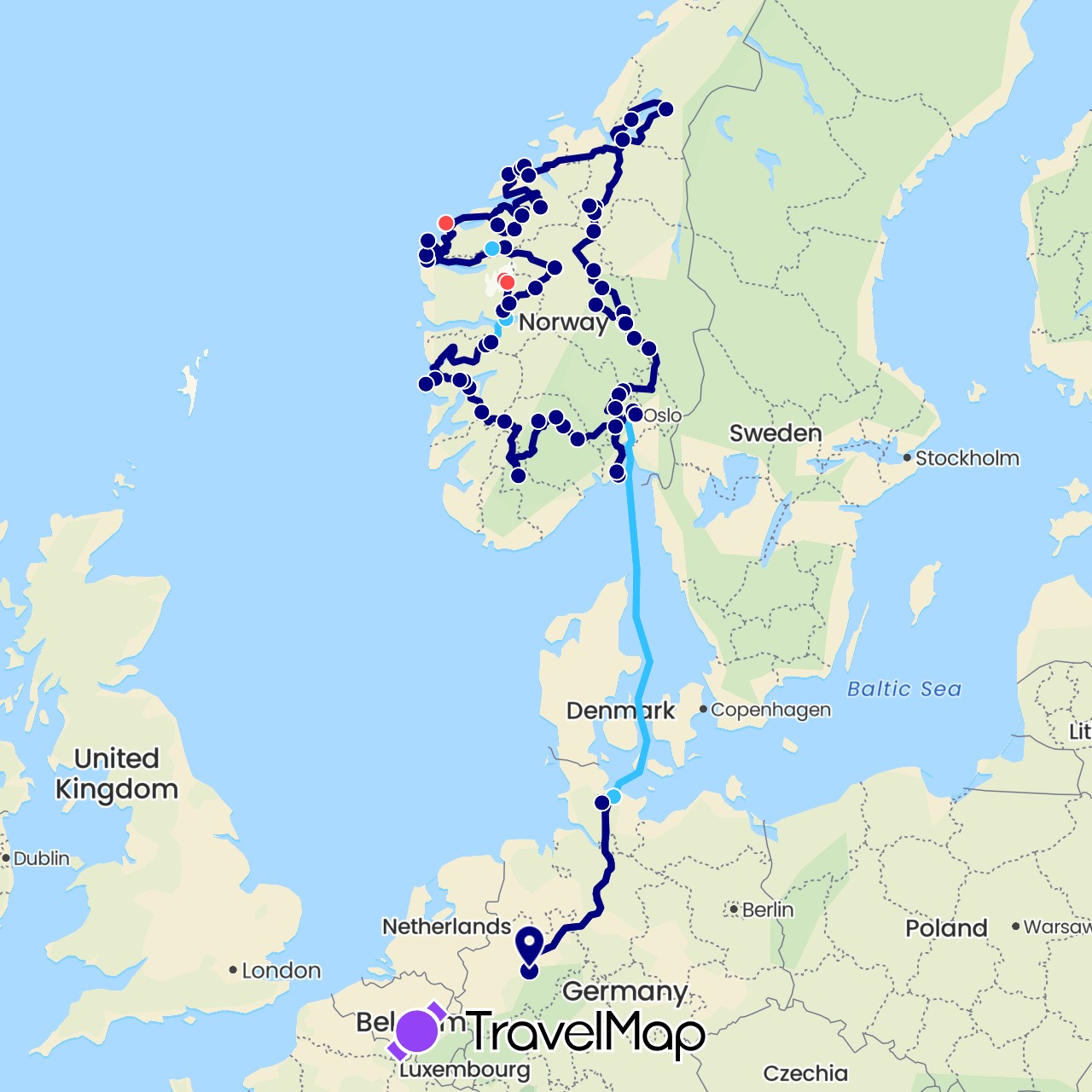TravelMap itinerary: driving, hiking, boat in Germany, Norway (Europe)