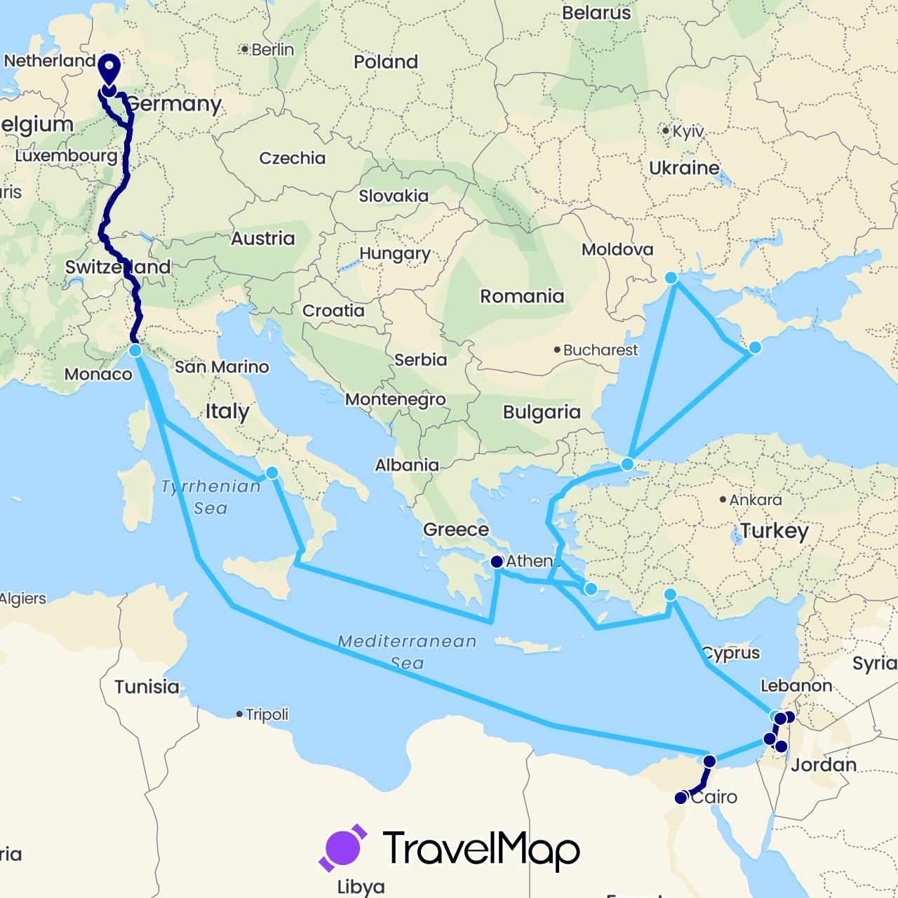 TravelMap itinerary: driving, boat in Germany, Egypt, Greece, Israel, Italy, Turkey, Ukraine (Africa, Asia, Europe)