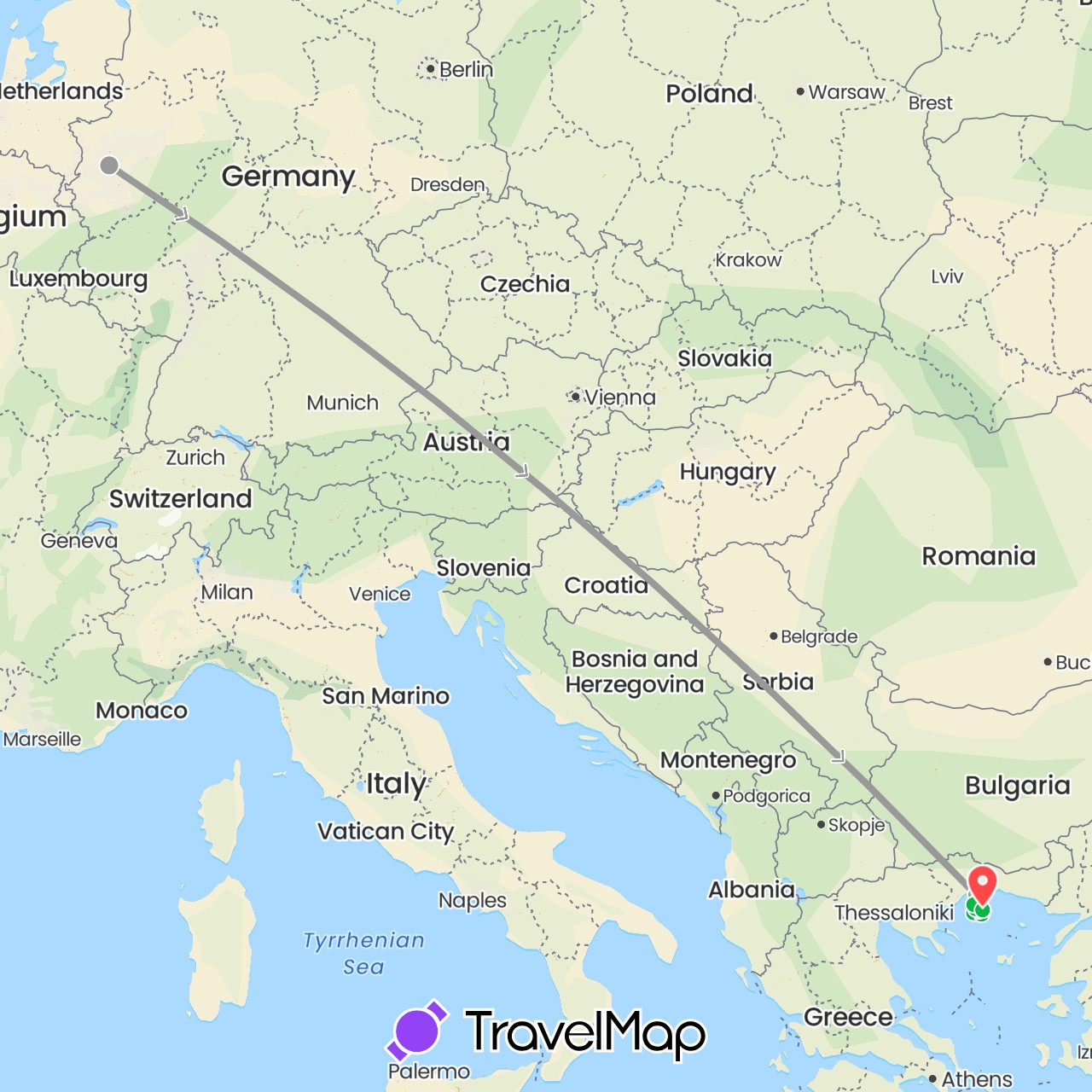 TravelMap itinerary: driving, bus, plane, hiking, boat in Germany, Greece (Europe)