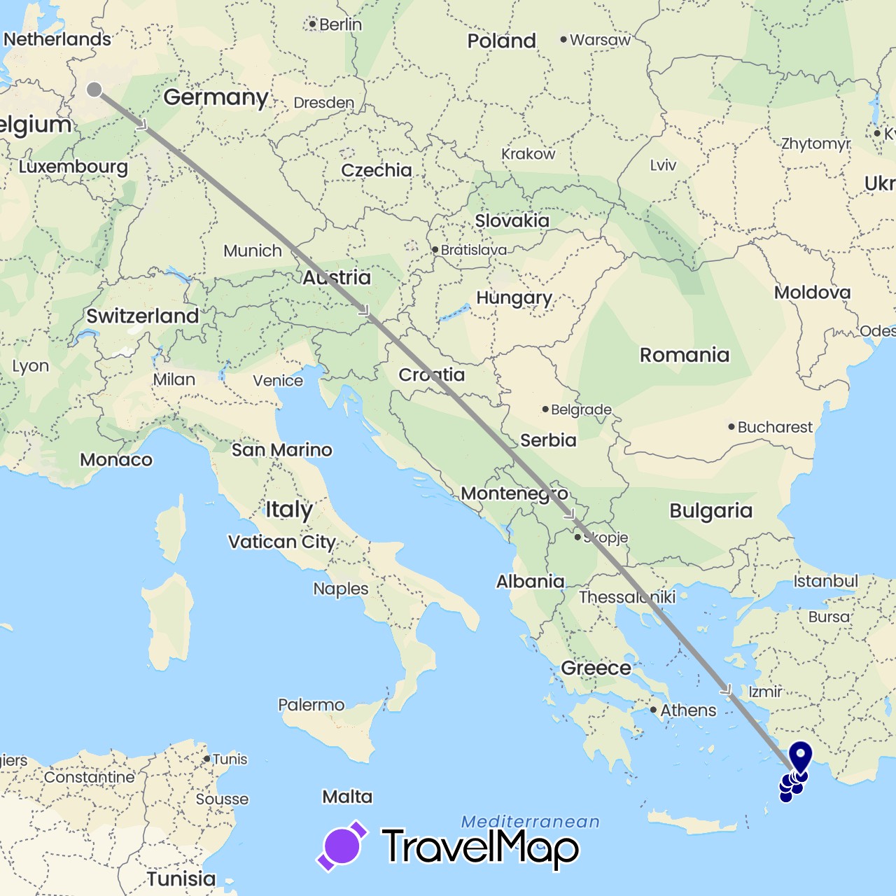 TravelMap itinerary: driving, plane in Germany, Greece (Europe)